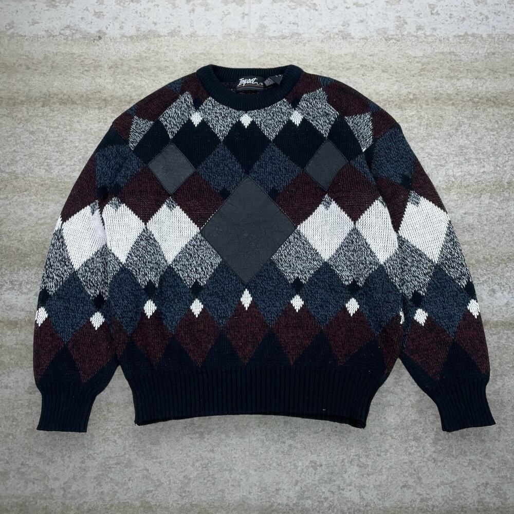 Vintage 90s Impact Sweater Mens L Red White Crewneck Genuine Leather Trim